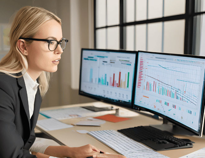 A white female digital marketer, wearing glasses and long sleeves, focused on a PC screen displaying analytical charts—line graphs and pie charts—in an office setting.