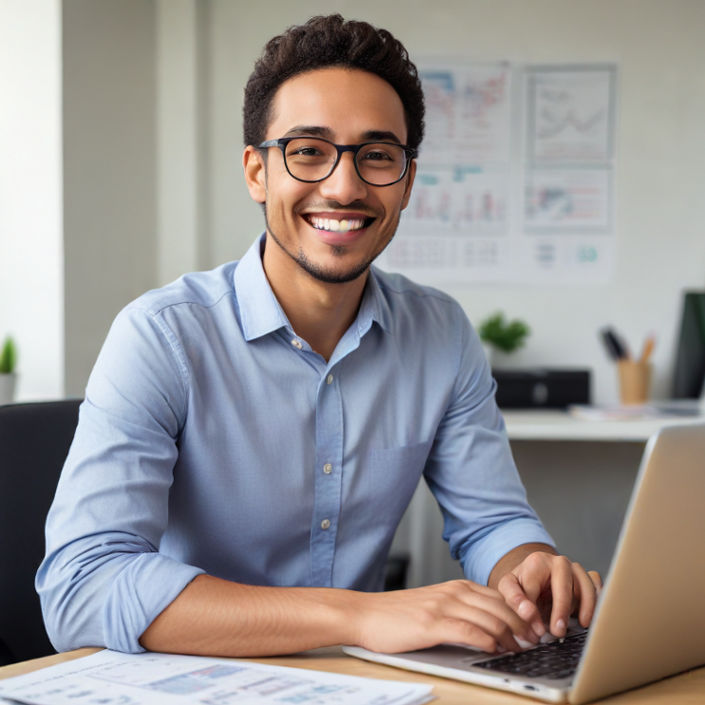 A data analyst sits in a modern office, smiling while analyzing detailed charts on a laptop.