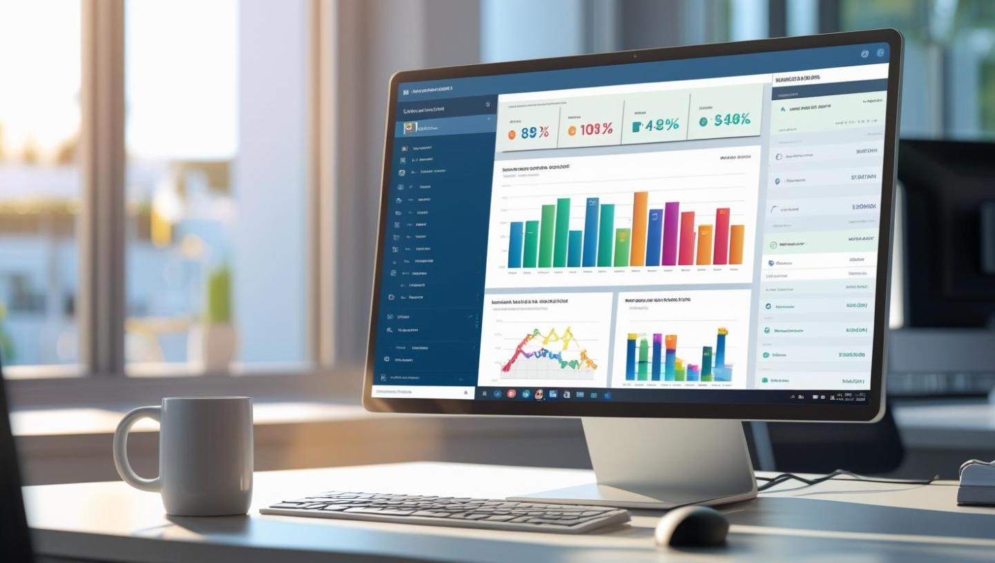 Bright office desk with computer showing analytics dashboard, sunlight streaming through window.