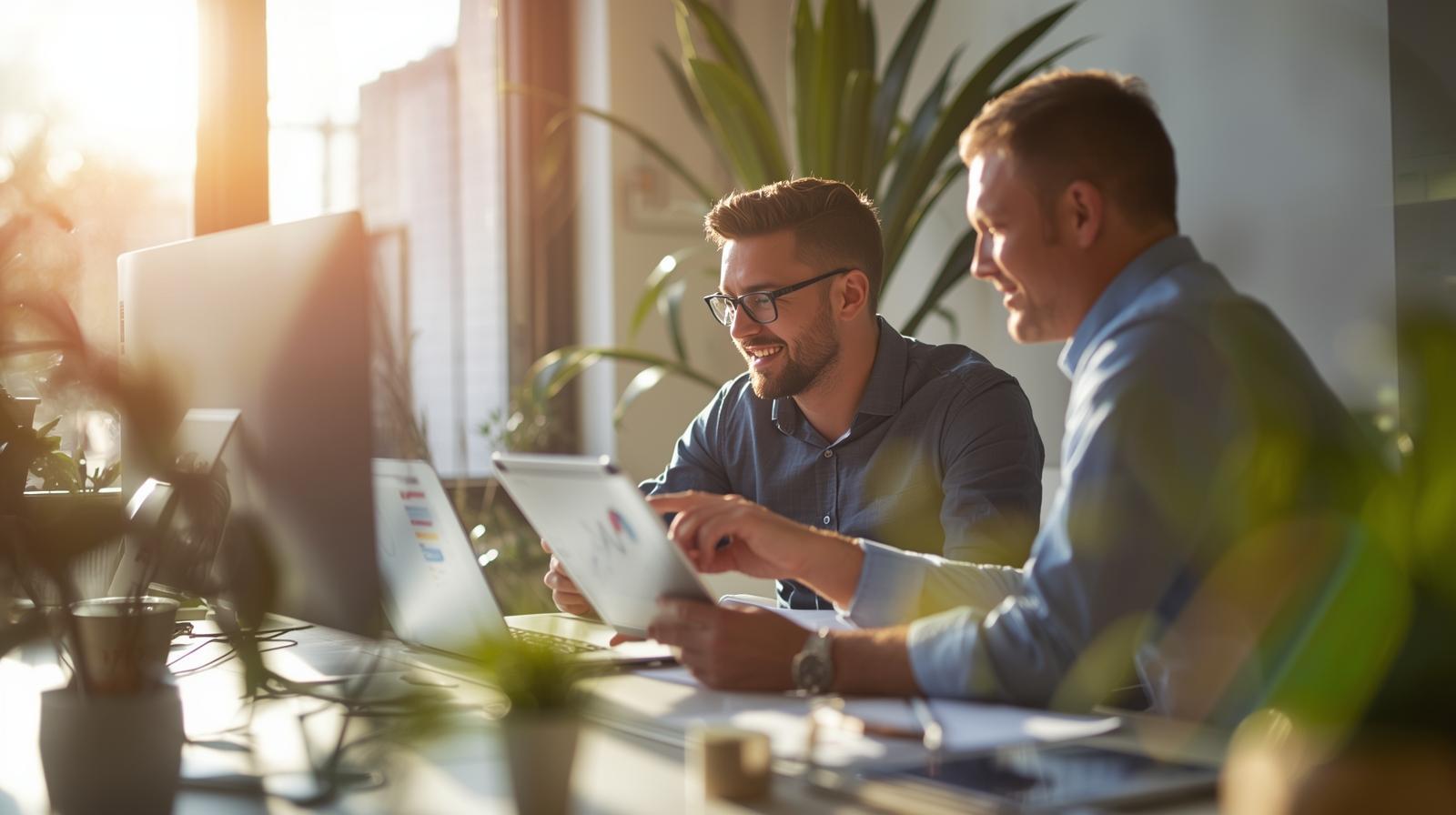 Two coworkers collaborating in bright workspace reviewing visuals and analytics with blurred screens.