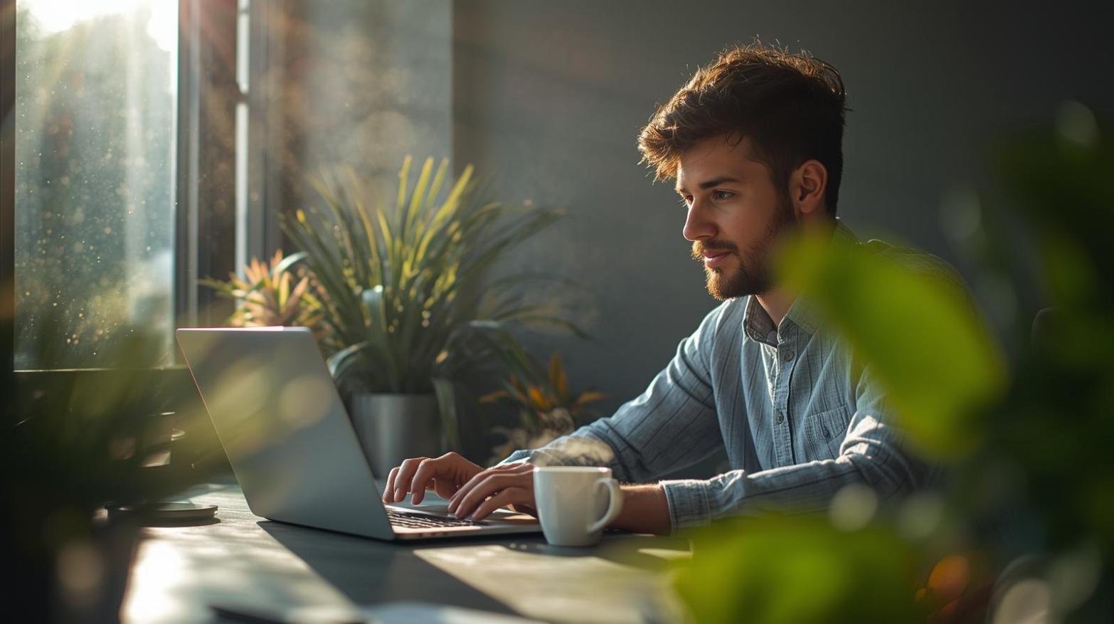 Young developer at desk with laptop, sunlight, plants, and blurred screen.
